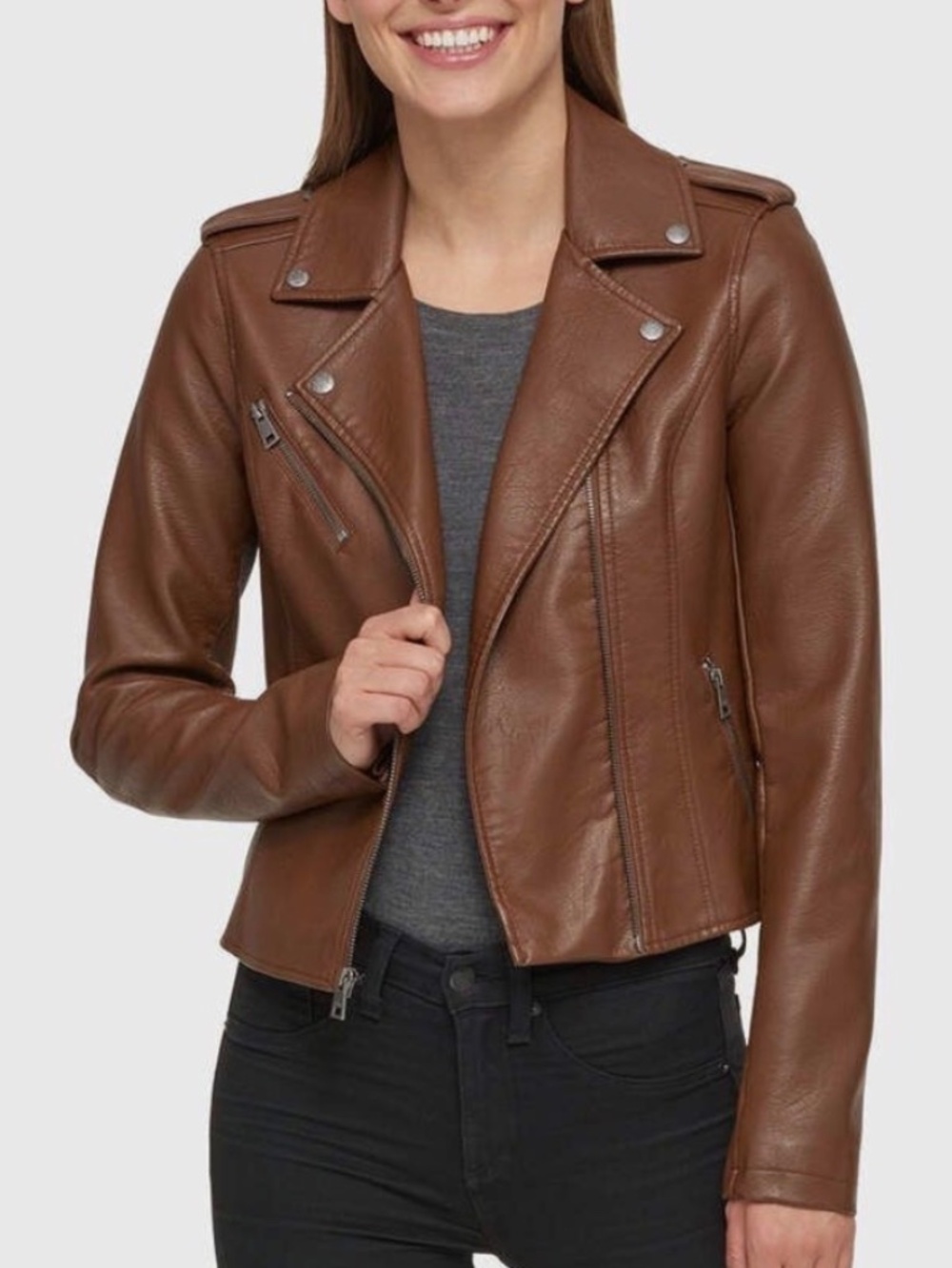 Levi's Womans Asymmetrical Faux Leather Brown Motorcycle Jacket